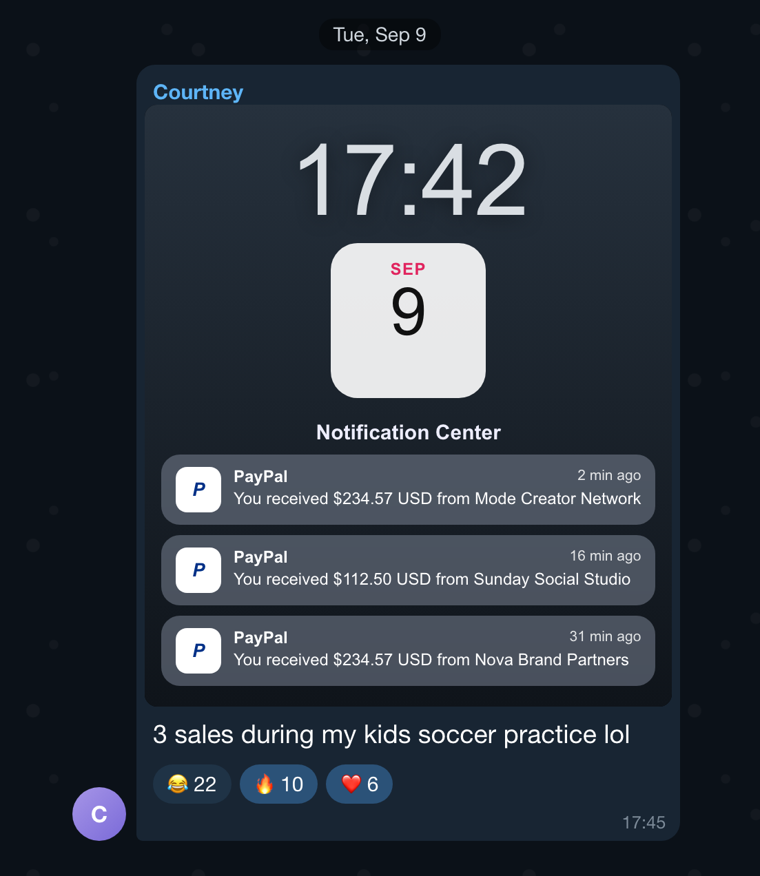 Community message: 3 sales at soccer practice